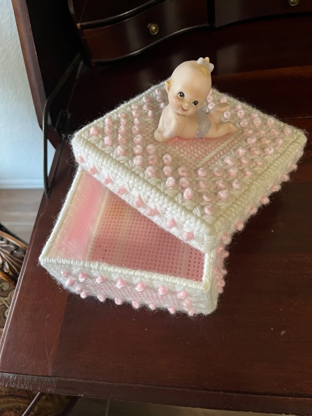 Cream and Pale Pink Crocheted Trinket Box with Ceramic Baby Topper